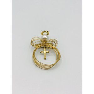 Artisan handcrafted wire Angel faux pearl Tibetan Cross dangle brooch.